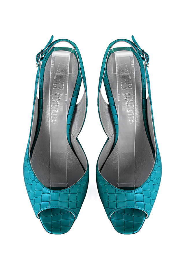 Dress heels peep-toe slingback in turquoise blue leather with high slim heels and square toe - Top view